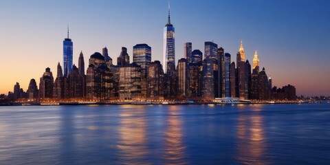 Fototapeta premium New York City skyline, Manhattan, iconic skyscrapers, Freedom Tower, sunset, golden hour, East River, city lights, reflections on water, urban landscape, panoramic view, cityscape, dusk, illuminated b