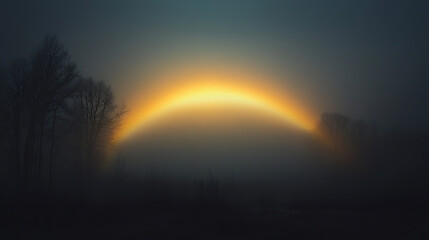Ethereal sunrise emerging through foggy landscape