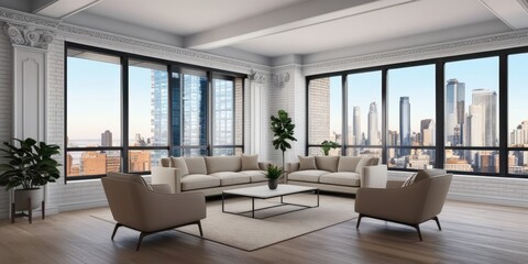 Modern loft apartment, floor-to-ceiling windows, panoramic city skyline view, minimalist interior design, white brick walls, hardwood floors, contemporary furniture, potted plants, natural light, open