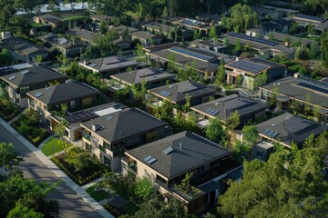 Obraz premium Sustainable Passive House Community with Energy-Efficient Designs and Green Landscaping