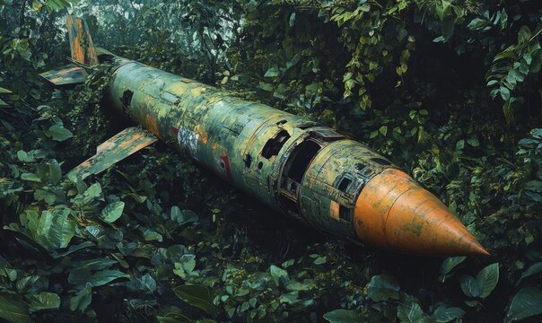 A rusted aircraft submerged in dense foliage.