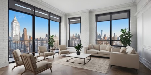 Fototapeta premium Modern loft apartment, floor-to-ceiling windows, panoramic city skyline view, minimalist interior design, white brick walls, hardwood floors, contemporary furniture, potted plants, natural light, open