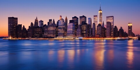 Fototapeta premium New York City skyline, Manhattan, iconic skyscrapers, Freedom Tower, sunset, golden hour, East River, city lights, reflections on water, urban landscape, panoramic view, cityscape, dusk, illuminated b