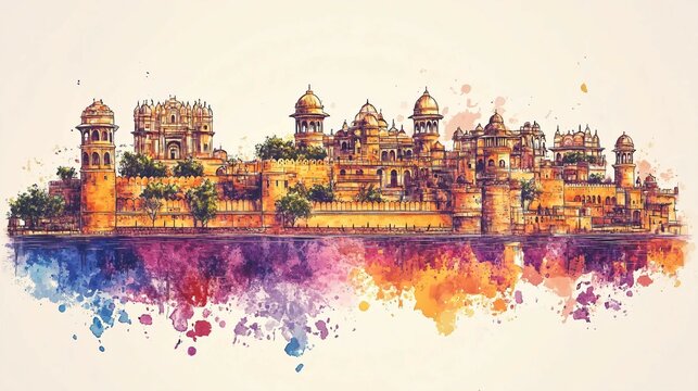 Hand-drawn illustration showcasing the famous architectural landmarks of Rajasthan, including its unique skyline and cultural elements like the Kachhi Ghodi folk dance 