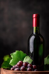 Obraz premium A stylish wine bottle stands elegantly with fresh grapes and green leaves, perfect for promoting vineyards, wine tasting events, or gourmet dining, This image evokes sophistication and indulgence,