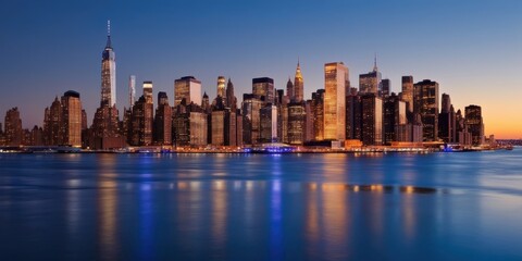 Obraz premium New York City skyline, Manhattan, iconic skyscrapers, Freedom Tower, sunset, golden hour, East River, city lights, reflections on water, urban landscape, panoramic view, cityscape, dusk, illuminated b