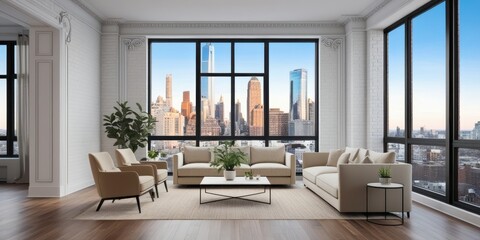 Modern loft apartment, floor-to-ceiling windows, panoramic city skyline view, minimalist interior design, white brick walls, hardwood floors, contemporary furniture, potted plants, natural light, open