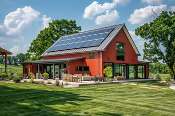 Obraz premium Modern Autonomous House with Solar Panels and Open Plan in Rural Setting