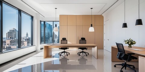 Modern office interior, floor-to-ceiling windows, city skyline view, sleek wooden desk, ergonomic office chair, minimalist design, bright natural light, reflective floor, pendant lighting, clean lines