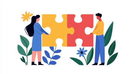 Collaboration in action two people fitting puzzle pieces together amidst vibrant nature elements