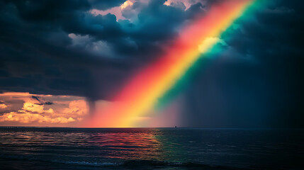 Vibrant rainbow arching over a serene ocean at sunset