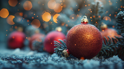 red christmas balls on snow