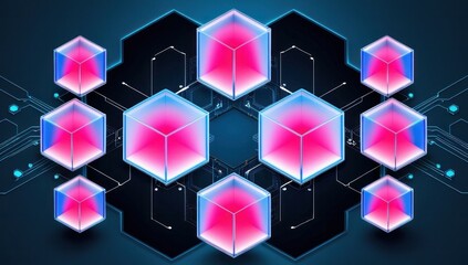 Futuristic neon light cube art installation. Technology cyber cube, Sci fi shape