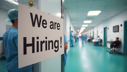 We Are Hiring sign hanging in a hospital doctor medical, staff wanted, job opportunity