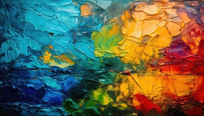 Vibrant abstract artwork dynamic blend of blue, yellow, orange, and green hues, revealing intricate textures.
