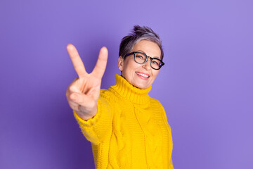 Photo of cheerful pretty lady dressed knitted jumper showing you v-sign empty space isolated purple color background