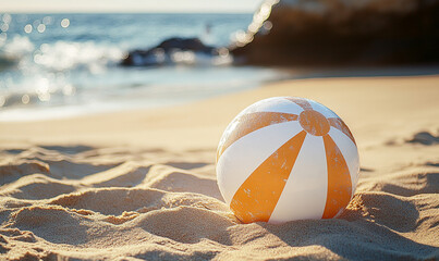 Obraz premium close up of a Light Brown and white inflatable beach ball on the sand,