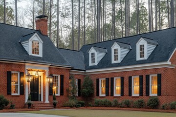 A colonial home exterior with red brick, black shutters, and classic lantern-style lighting by the front door, set against a backdrop of tall trees.