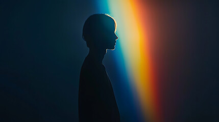 Silhouette of a person against a colorful light backdrop