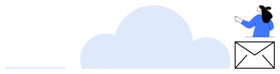 Woman pointing from envelope with large cloud background. Ideal for cloud services, digital communication, data storage, online messaging, and technology solutions. Modern flat design with soft