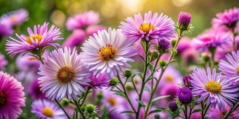 Fototapeta premium Stunning Bokeh Effect of Symphyotrichum novi-belgii Flowers Amidst Lush Green Leaves for Nature Enthusiasts