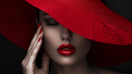 Elegant woman with red lipstick and a wide-brimmed hat exudes mystery