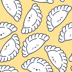 Vector seamless pattern with cute kawaii dumplings characters on yellow background