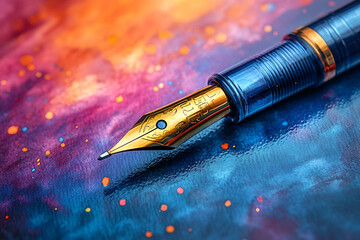 A beautifully crafted fountain pen rests on a colorful, abstract background resembling a cosmic scene filled with vibrant hues and sparkling elements.