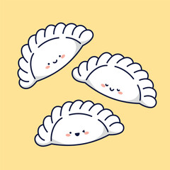 Vector set of cute kawaii dumplings characters on yellow background