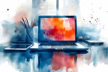 A colorful, artistic workspace featuring a laptop, tablet, and a container with pens, creating a creative and vibrant atmosphere.