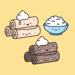 Vector cute cartoon crepes with whipped cream and rice bowl