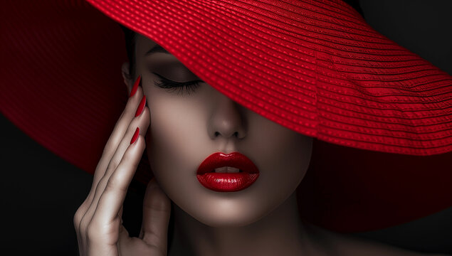Elegant woman with red lipstick and a wide-brimmed hat exudes mystery