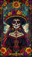 Obraz premium La Catrina Graphic Design with Mexican Symbols and Vibrant Colors for Dia de los Muertos