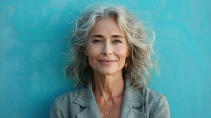 Confident woman with a gentle smile, poised against a vibrant blue backdrop, exuding warmth and approachability in a professional setting.
