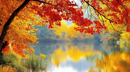  Wide view of a lake surrounded by autumn trees with vibrant colors, calm water reflecting the foliage