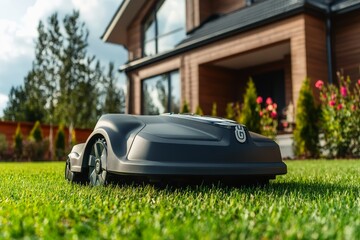 A robotic lawnmower mows the lawn in front of a house.