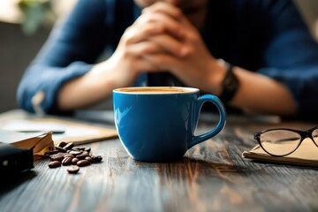 A person at a desk drinking coffee excessively, showing signs of caffeine addiction and anxiety