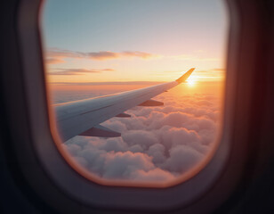  airplane flying high above the clouds during sunset, with a warm golden light
