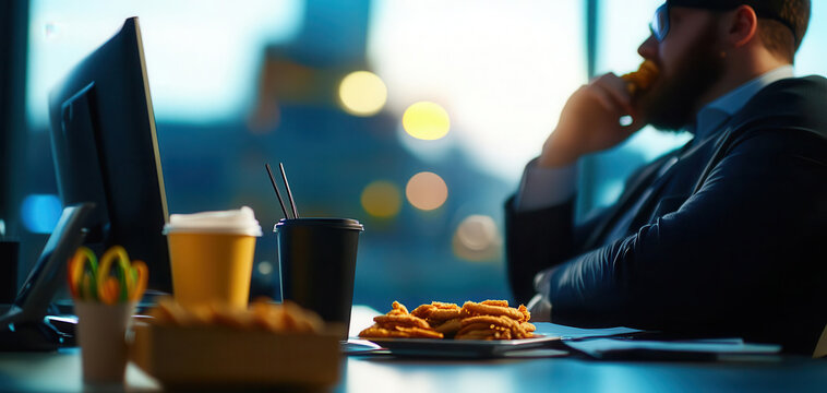 An office worker who is overweight, sitting at a desk with fast food, illustrating the connection between sedentary jobs and weight gain