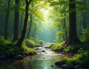 vibrant green foliage, and a gentle river flowing through