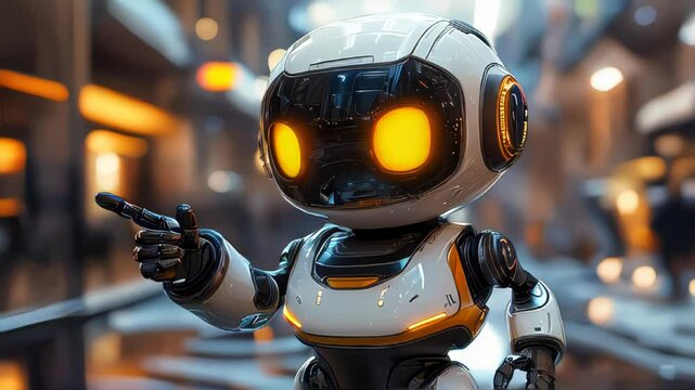 A cute mini robot with glowing eyes and a cheerful expression, pointing in a futuristic city setting