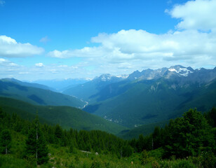 Fototapeta premium a lush green valley with rolling hills covered