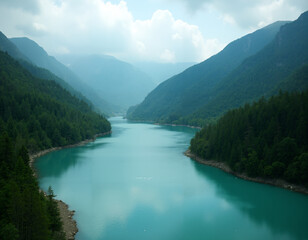 a turquoise river gently curves through a dense forested valley 