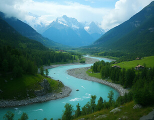 a turquoise river gently curves through a dense forested valley