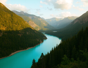 a turquoise river gently curves through a dense forested valley