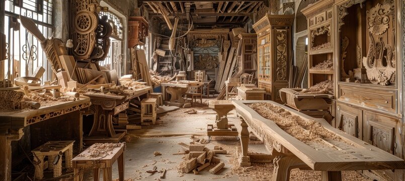 Intricate Furniture Craftsmanship: Artisans at Work in a Traditional Carpentry Workshop for Fine Design