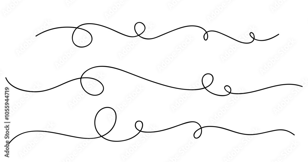 Leinwandbilder one line drawing. set of outline curved lines with swirls. abstract decorative horizontal border ele