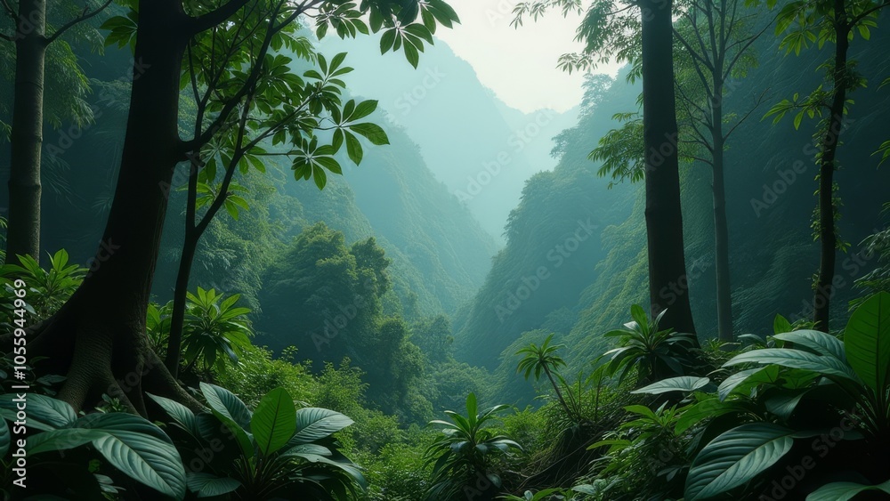 Aufkleber a lush green forest with a mountain range in the background