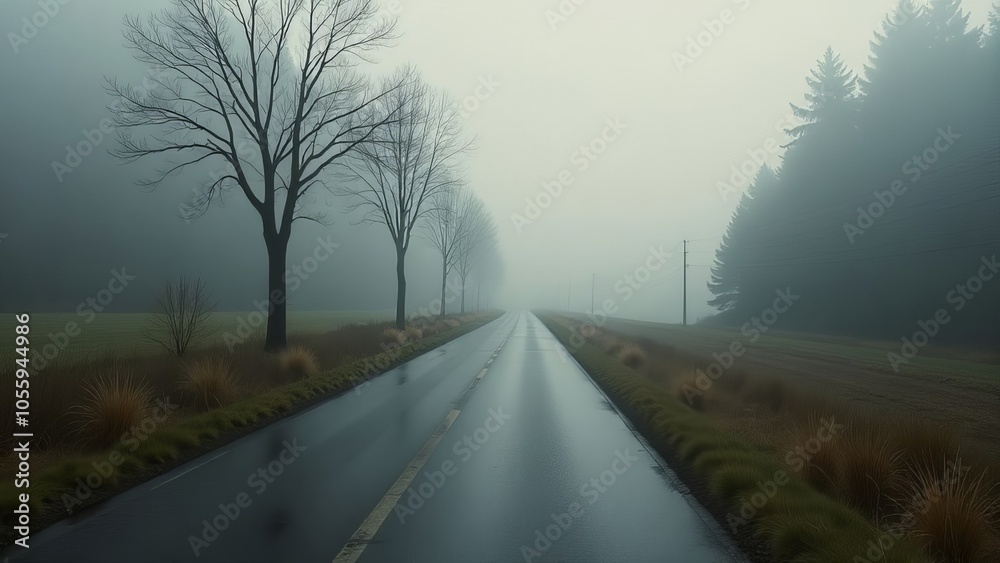 Poster a foggy road with trees in the background