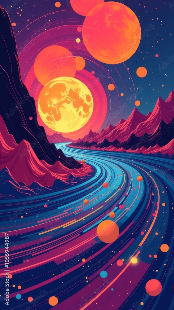 Poster a colorful painting of a river with a large yellow moon in the background